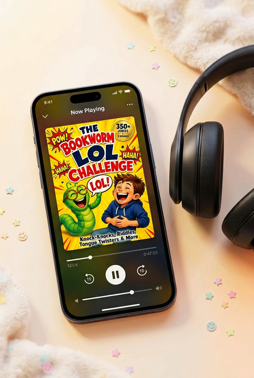 The Bookworm LOL Challenge audiobook (47 min 53 sec) playing on a smartphone with headphones