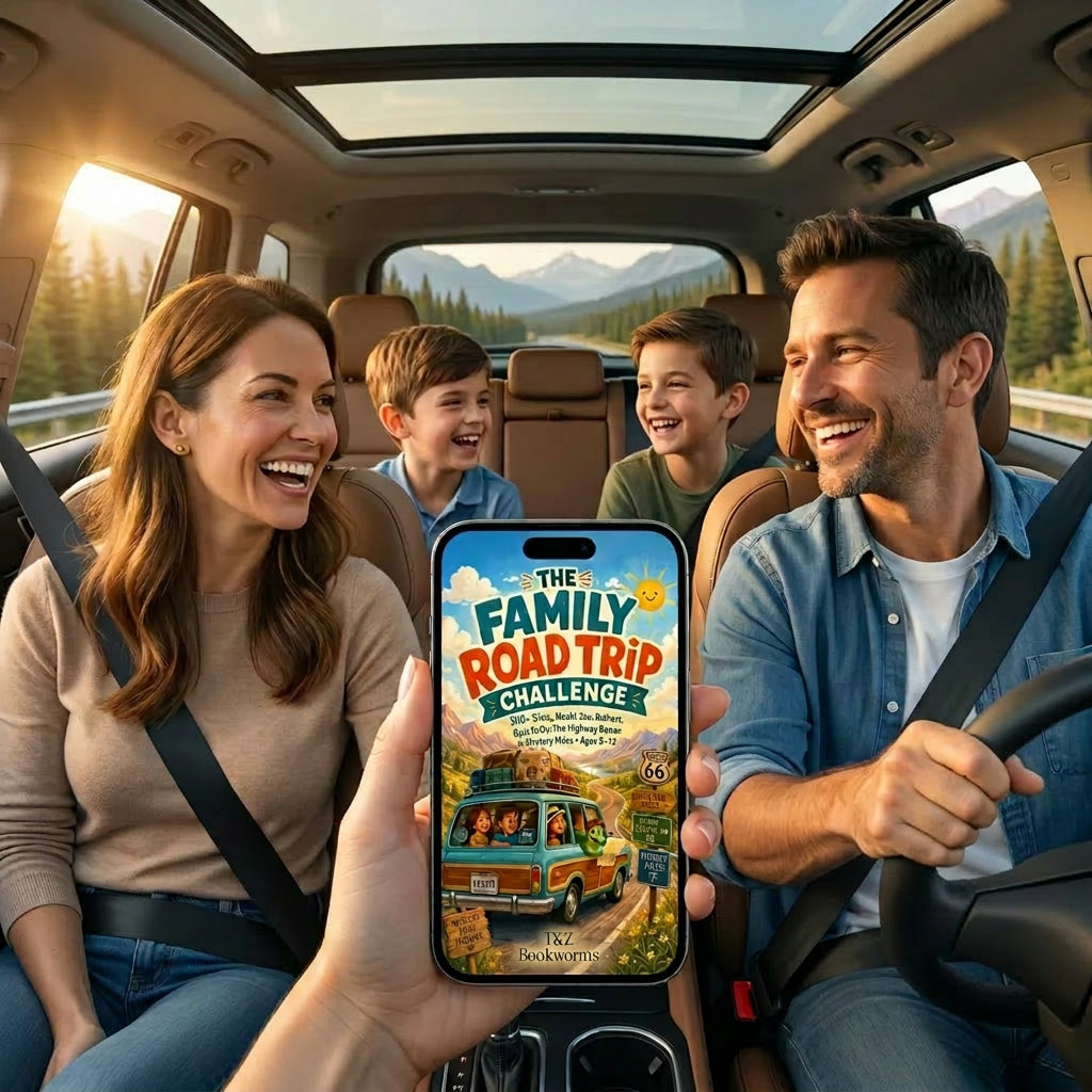 Family of four enjoying the audiobook on a road trip