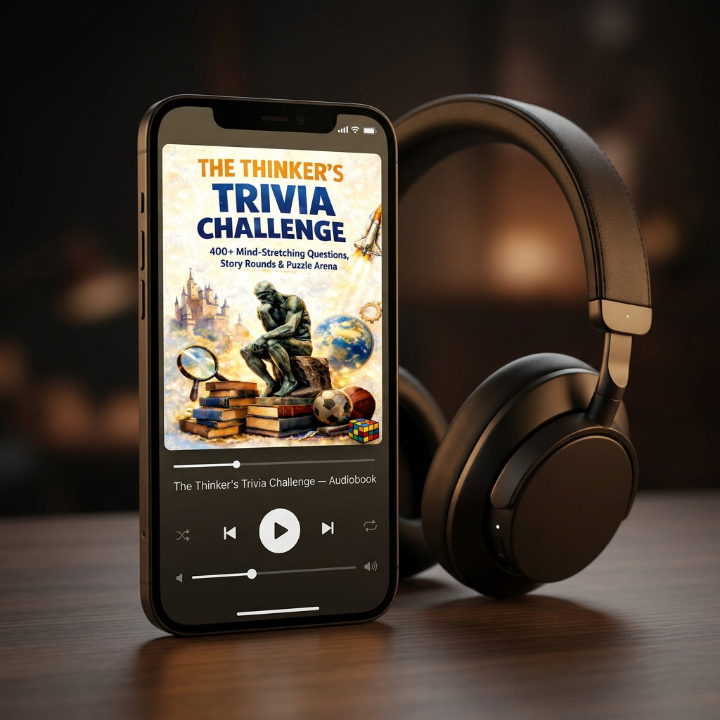 The Thinker's Trivia Challenge Audiobook — 3D phone & headphones mockup
