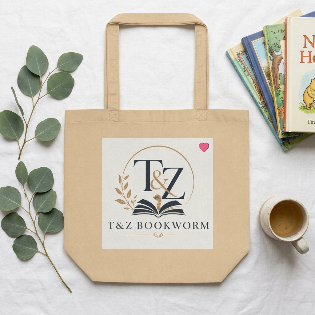 T&Z Bookworm's Tote Bag flat lay with books and eucalyptus