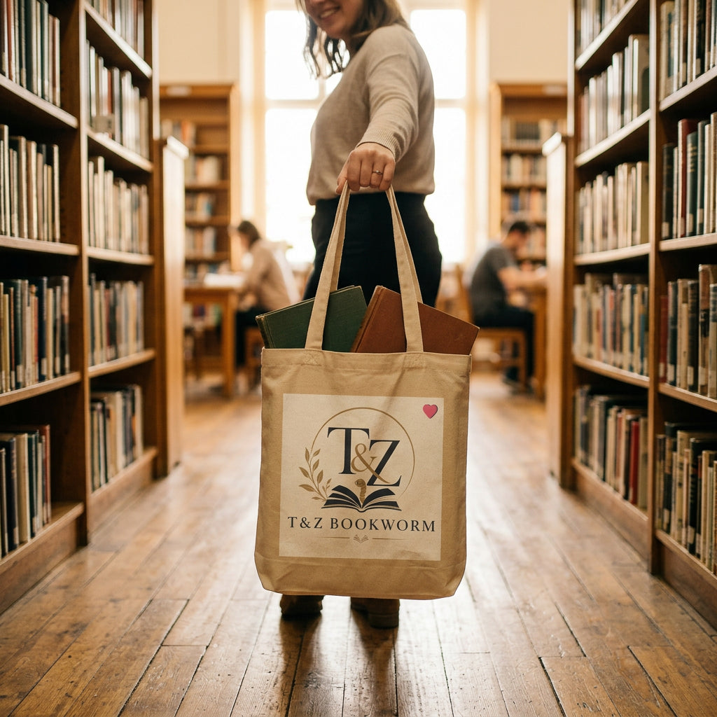 T&Z Bookworm's Tote Bag held in a sunlit library aisle
