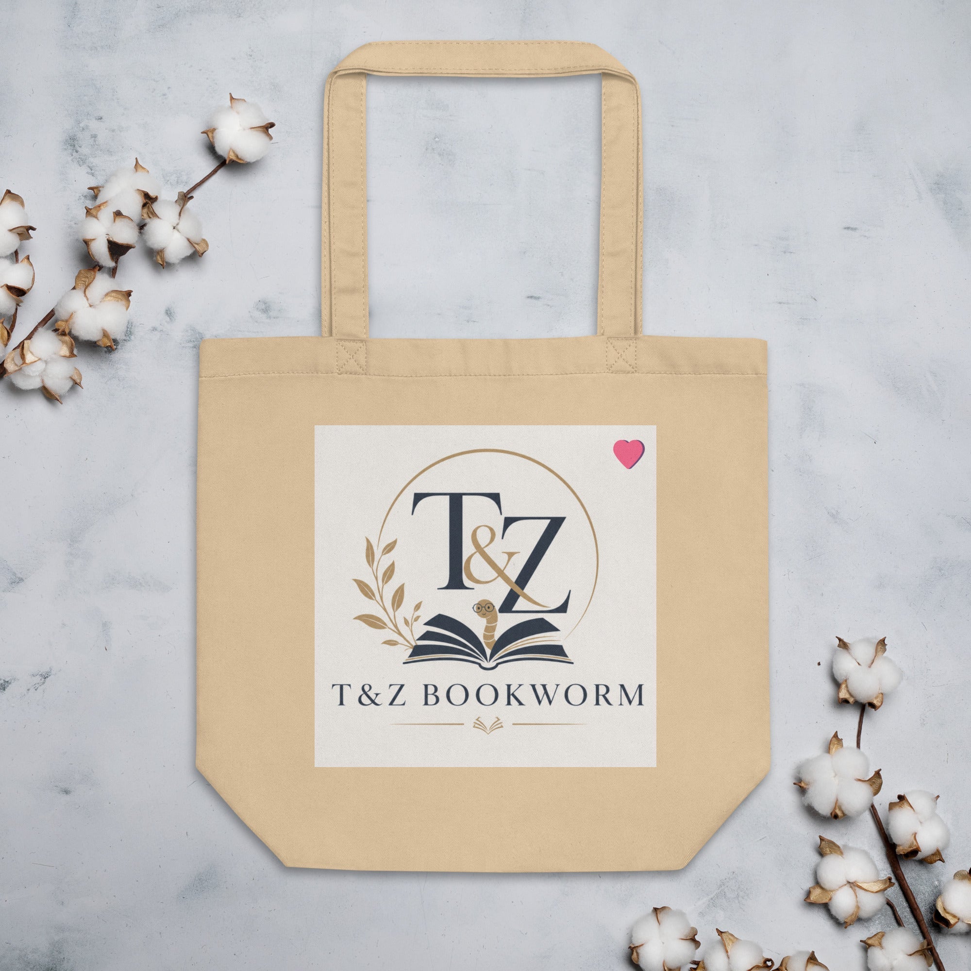 T&Z Bookworm's Tote Bag — pink heart on natural canvas