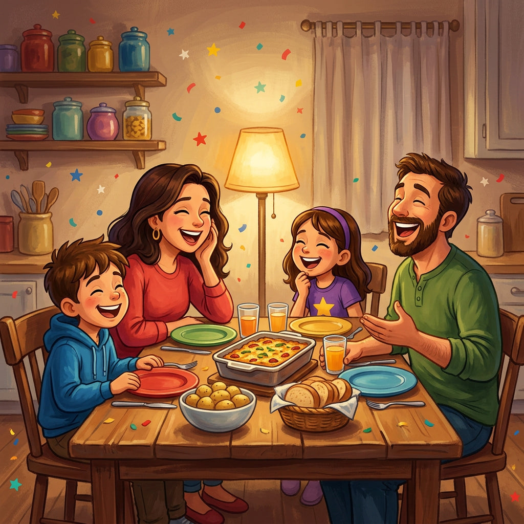 Family laughing around the dinner table playing would you rather