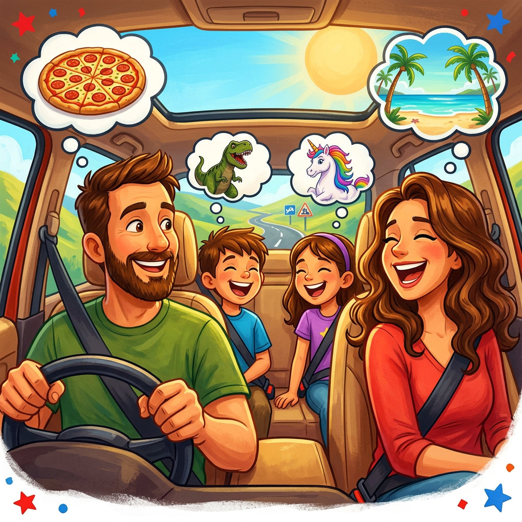 Family laughing on a road trip playing would you rather